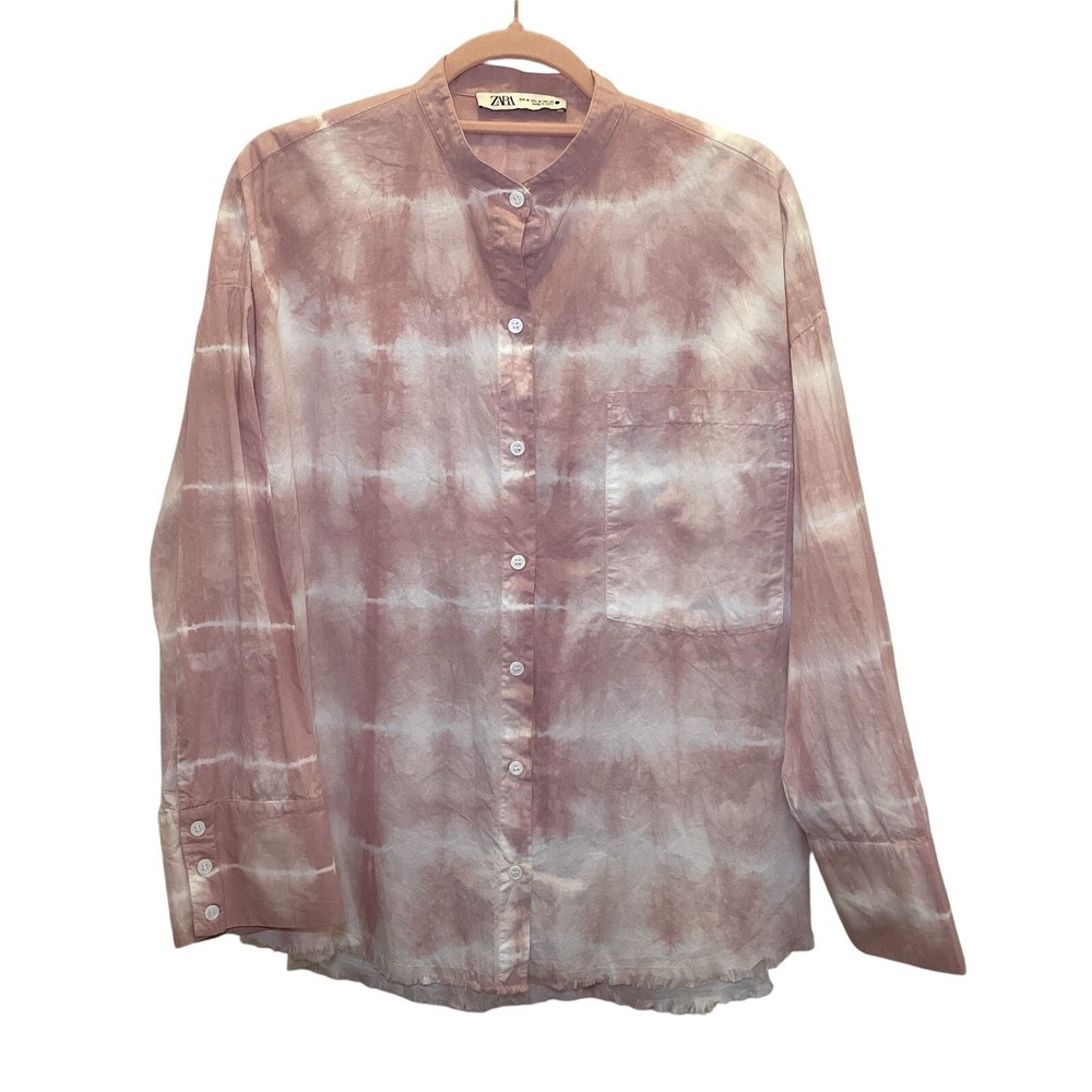 Zara Womens Mauve Tie Dye Button Down Shirt Mandarin Collar Raw Hem Size Medium